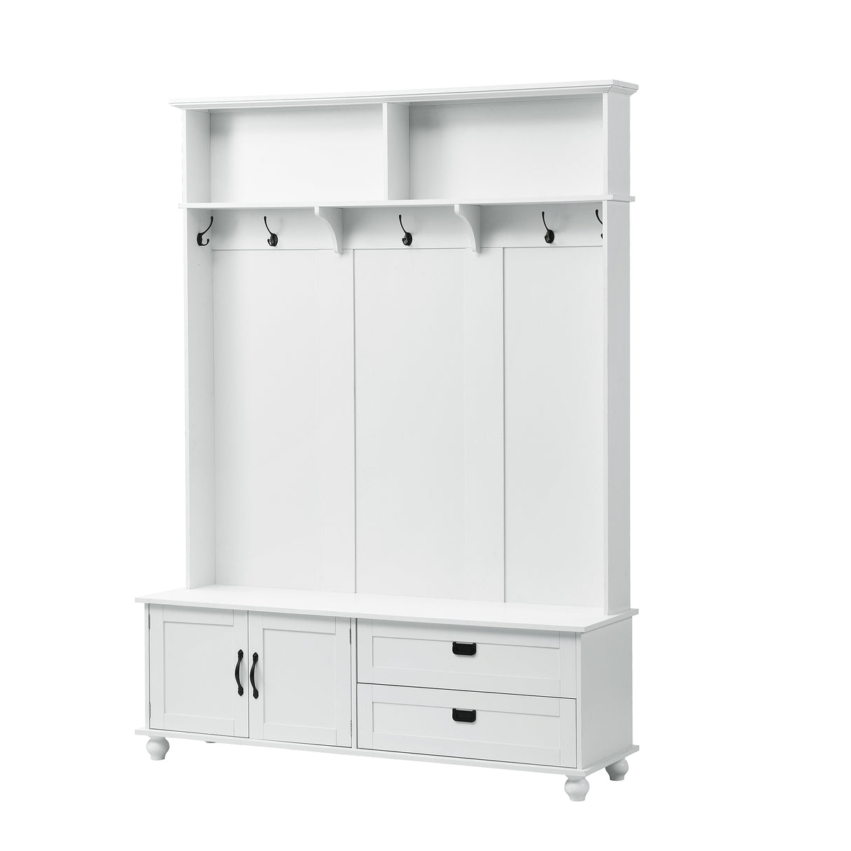 ON-TREND Modern Style Hall Tree with Storage Cabinet and 2 Large Drawers, Widen Mudroom Bench with 5 Coat Hooks, White - V.I.P Digital Presence