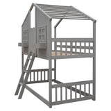 Twin over Twin House Bunk Bed with Roof , Window, Window Box, Door , with Safety Guardrails and Ladder, Grey - V.I.P Digital Presence
