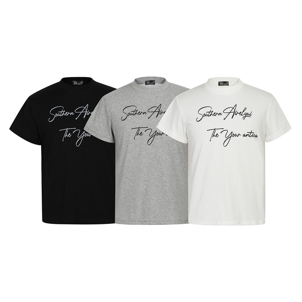 Handwritten English Letter Print Short Sleeve T-Shirt Men's Slim Fit Regular Shoulder Casual Round Neck Half Sleeve Top INS Trendy Tee - V.I.P Digital Presence