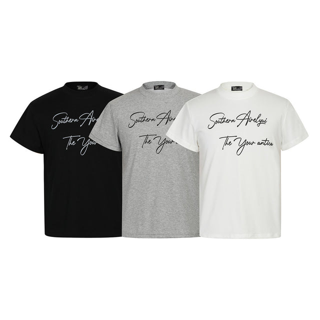 Handwritten English Letter Print Short Sleeve T-Shirt Men's Slim Fit Regular Shoulder Casual Round Neck Half Sleeve Top INS Trendy Tee - V.I.P Digital Presence