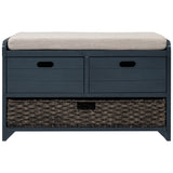TREXM Storage Bench with Removable Basket and 2 Drawers, Fully Assembled Shoe Bench with Removable Cushion (Navy) - V.I.P Digital Presence