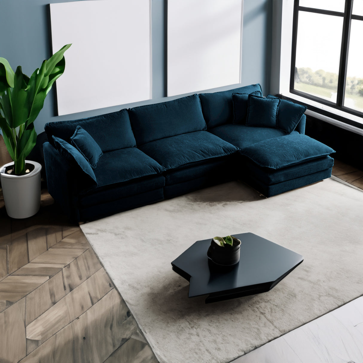 Free Combination Comfy Upholstery Modular Oversized L Shaped Sectional Sofa With Reversible Ottoman, Blue Chenille - V.I.P Digital Presence