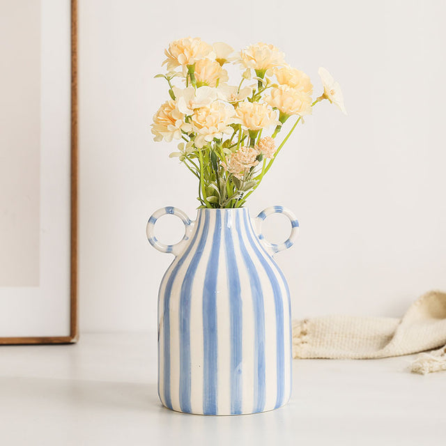 Hand drawn dual ear striped niche ceramic vase dining table flower arrangement ornament large belly simple floral ware - V.I.P Digital Presence