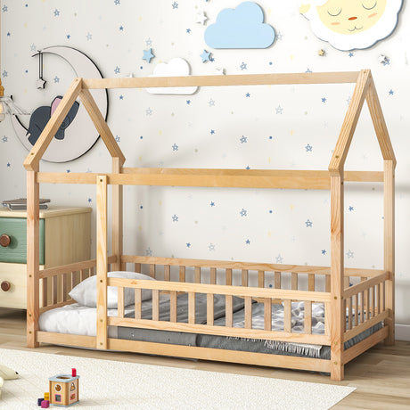 Twin Size Floor Wooden Bed with House Roof Frame, Fence Guardrails - V.I.P Digital Presence