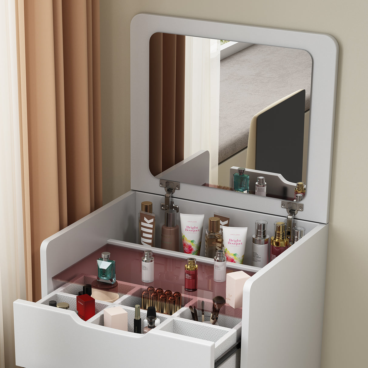 3 in 1 Vanity Desk with Plip Top Mirror,Small Make Up Vanity Set with Visible Glass Desktop,Compact Makeup Vanity with 3 Drawers - V.I.P Digital Presence