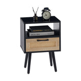 15.75" Rattan End table with drawer and solid wood legs Modern nightstand side table for living room black - V.I.P Digital Presence