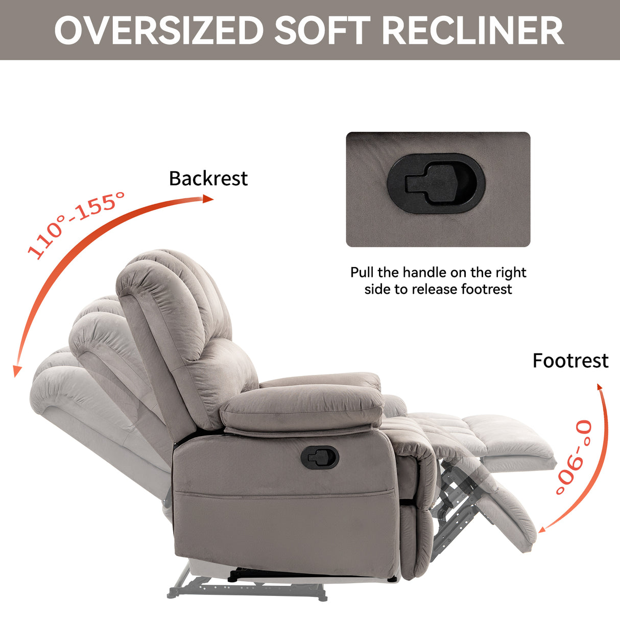 Large Manual Recliner Chair in Fabric for Living Room, Grey - V.I.P Digital Presence