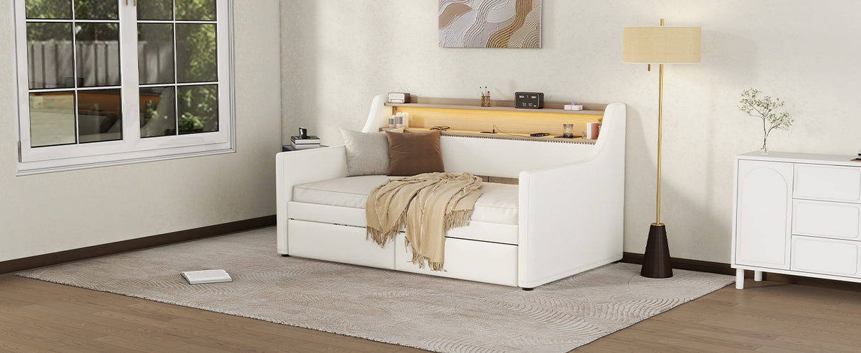 Twin Size Daybed with Drawers, Upholstered Daybed with Charging Station and LED Lights, White - V.I.P Digital Presence
