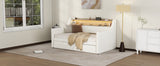Twin Size Daybed with Drawers, Upholstered Daybed with Charging Station and LED Lights, White - V.I.P Digital Presence