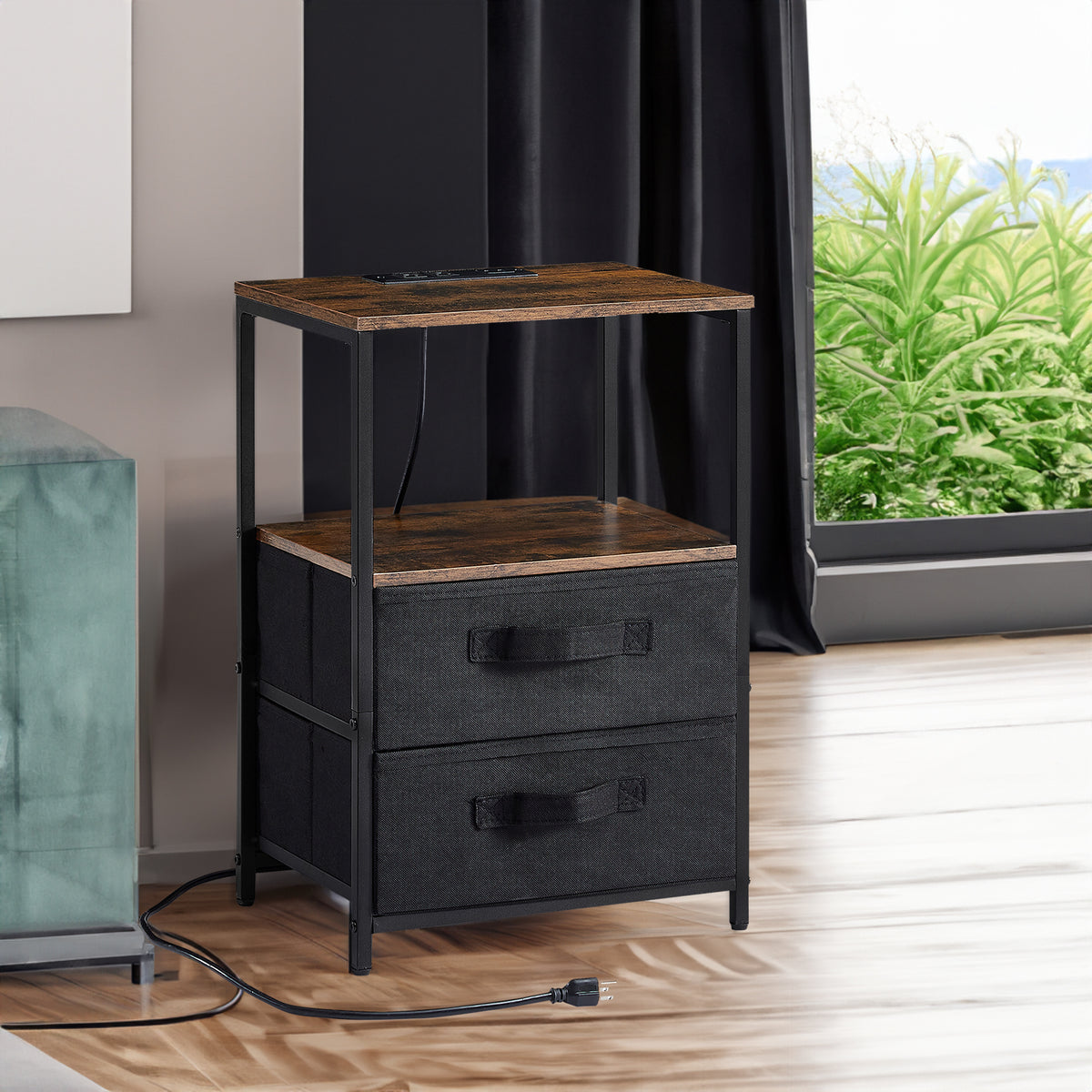 Tea table with charging station, bedside table with USB port, socket and cloth bag, 2 drawers - V.I.P Digital Presence