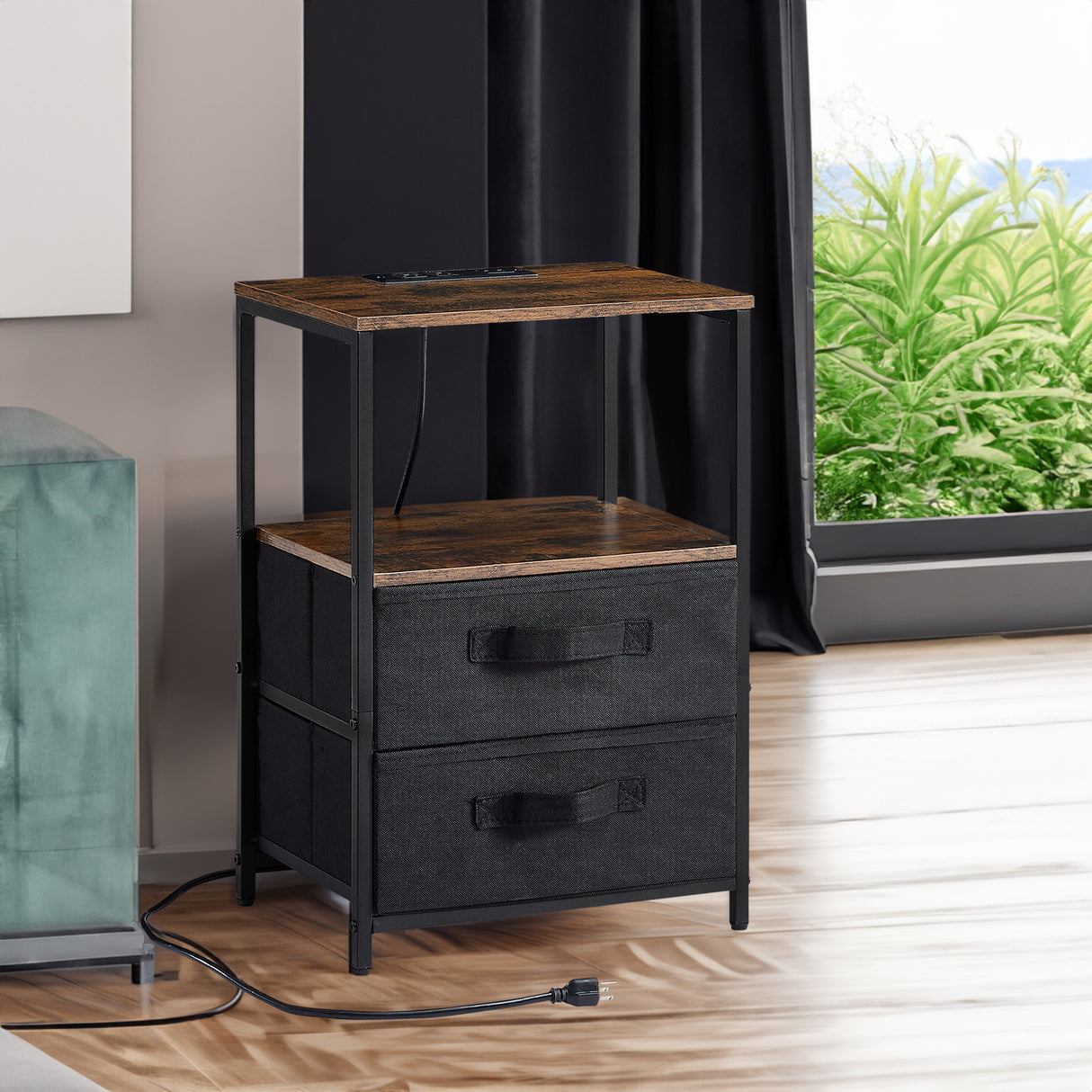 Tea table with charging station, bedside table with USB port, socket and cloth bag, 2 drawers - V.I.P Digital Presence