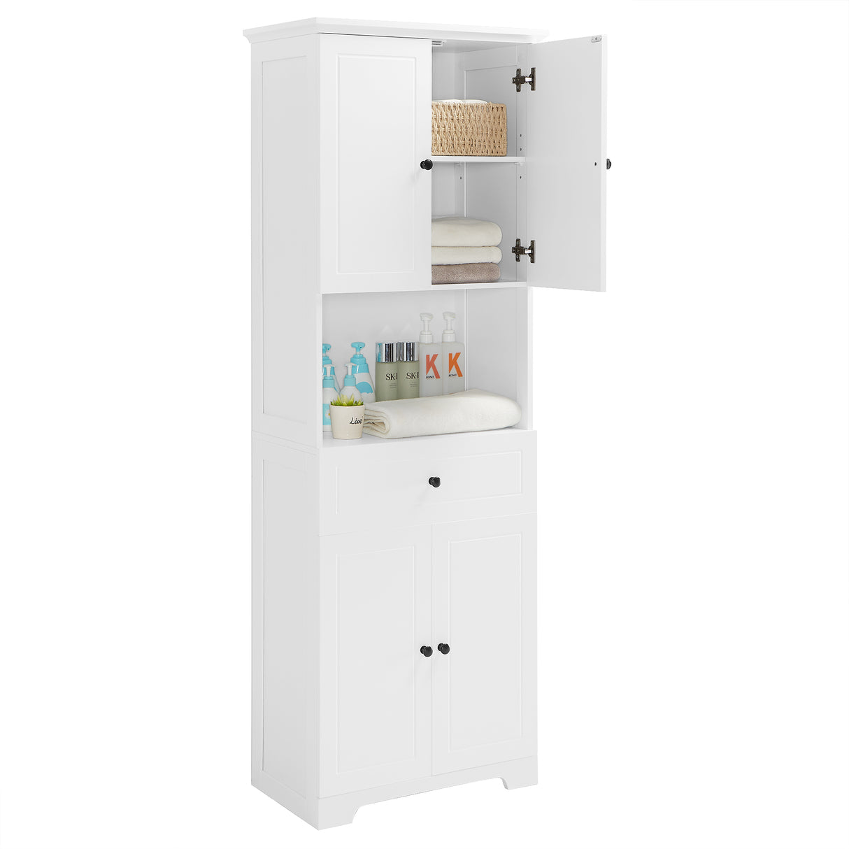 Tall Bathroom Cabinet with Four Doors, Large Storage Space Open Shelve, Upper Storage Cabinet, Whit - V.I.P Digital Presence