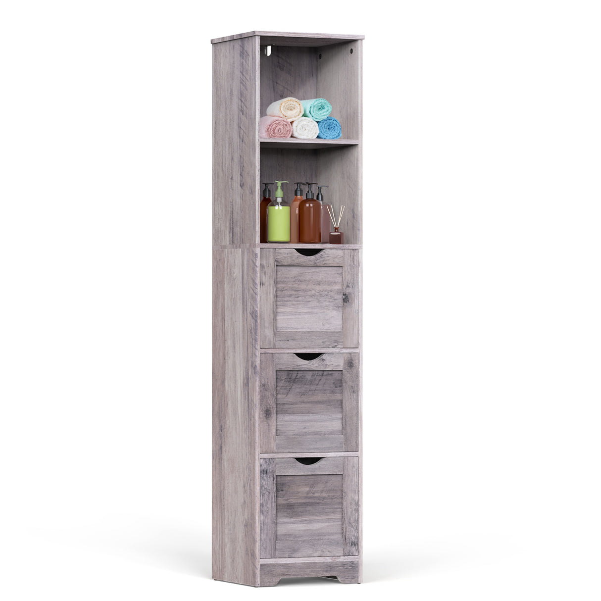 Bathroom Floor Cabinet with 3 Drawers 2 Shelves, Tall Narrow Bathroom Kitchen Pantry Storage Cabinet with Open Compartment Grey - V.I.P Digital Presence