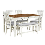 TOPMAX Mid-Century 6-Piece Wood Dining Table Set, Kitchen Table Set with Drawer  Upholstered Chairs and Bench  Butter Milk