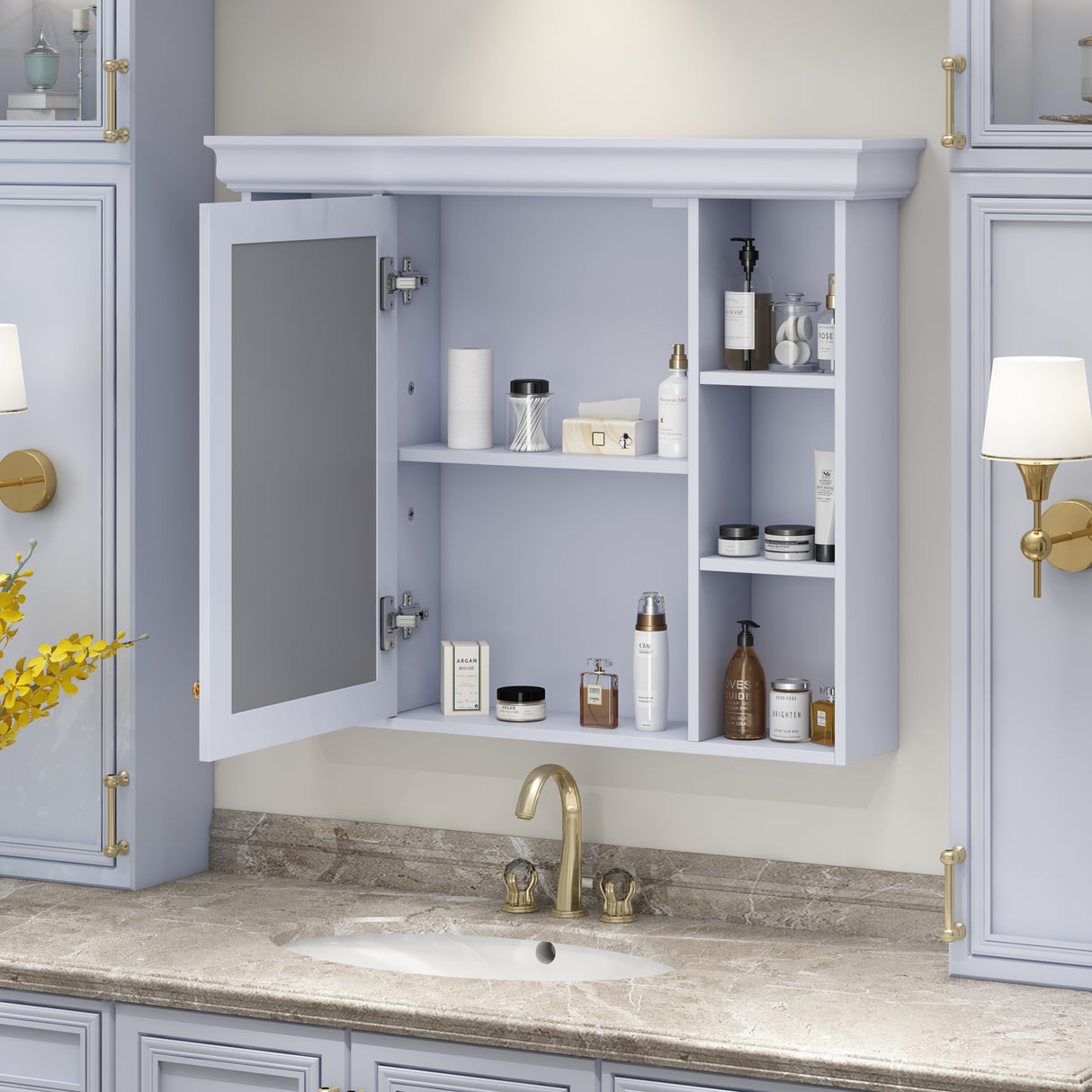 35'' x 28'' Blue Wall Mounted Bathroom Storage Cabinet with Mirror Door, Modern Bathroom Wall Cabinet with Mirror - V.I.P Digital Presence