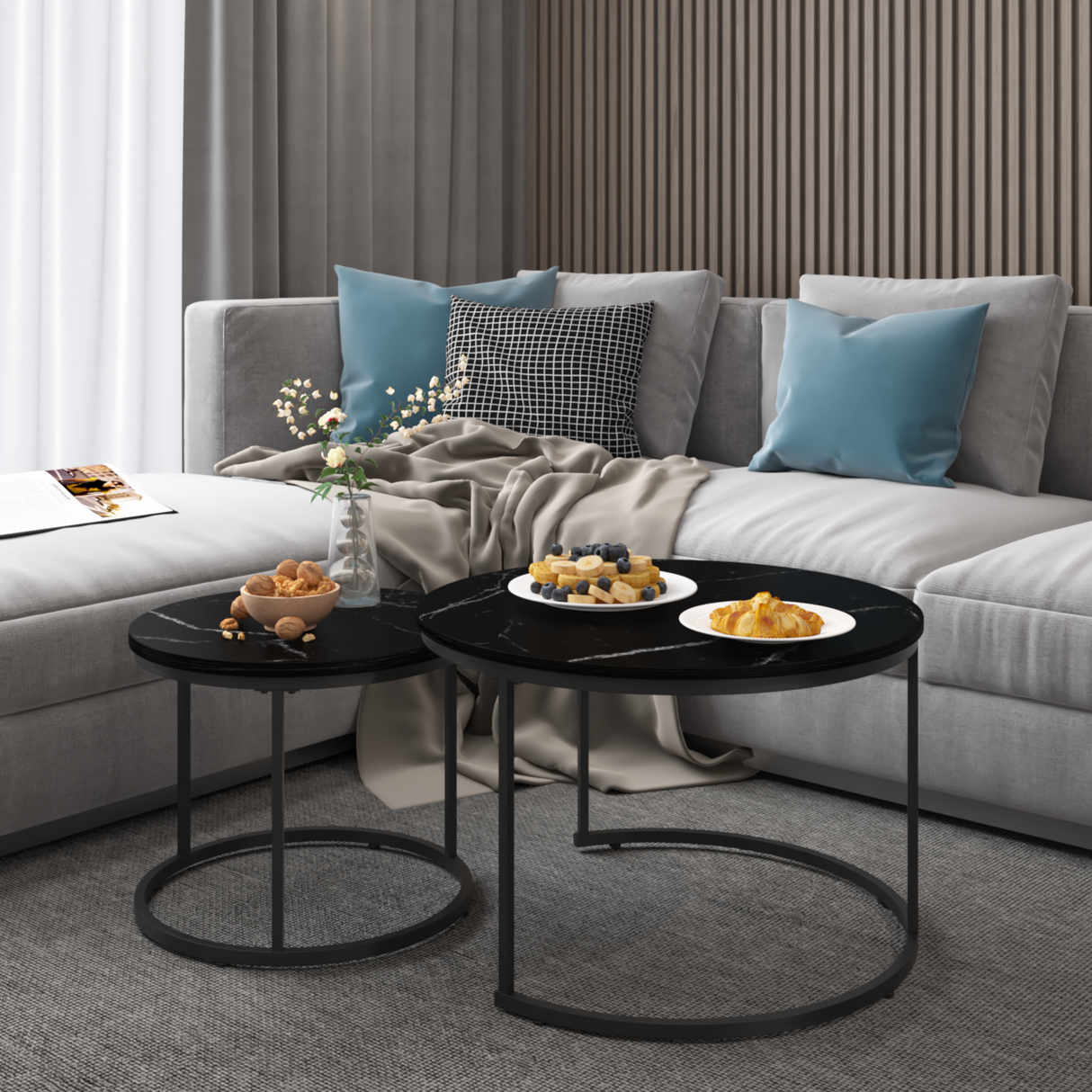 A set of nested coffee tables, 27.6-inch round coffee table, wooden marble patterned tabletop, sturdy metal frame (black) - V.I.P Digital Presence