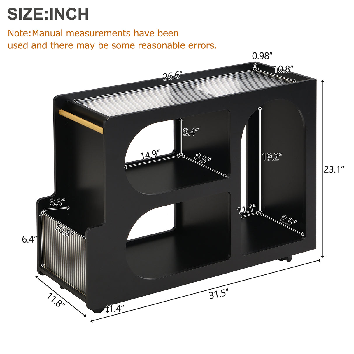 Stylish mobile desk with lockable wheels,bedside table with 5mm thick grooved tempered glass and gold round bars ，black - V.I.P Digital Presence