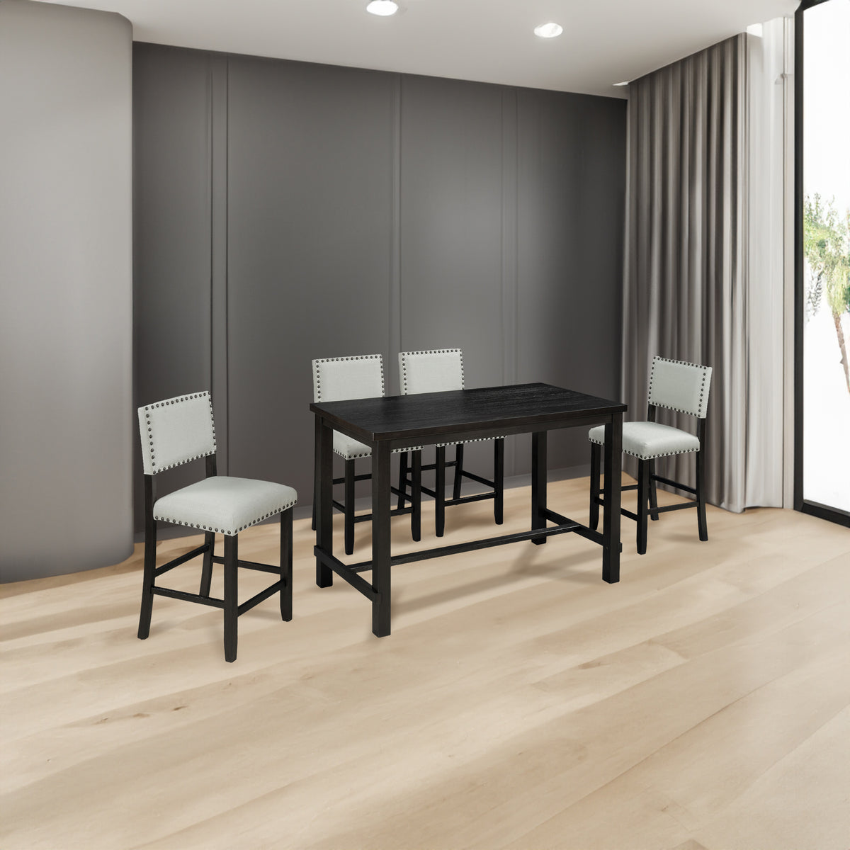 TREXM 5-Piece Counter Height Dining Set, Classic Elegant Table and 4 Chairs in Espresso and Beige - V.I.P Digital Presence
