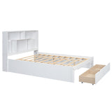 Queen Size Platform Bed with Storage Headboard and 2 Drawers, White - V.I.P Digital Presence