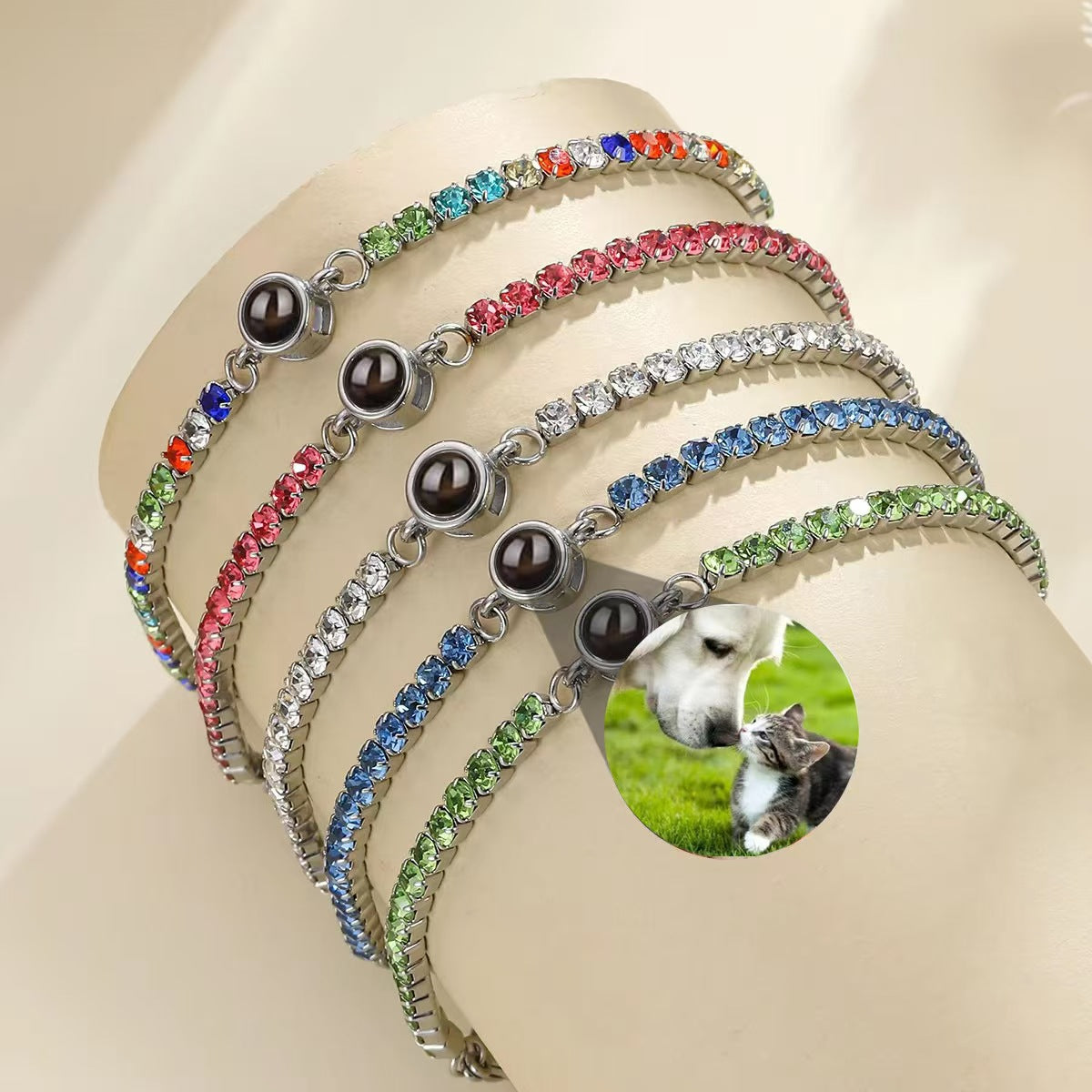 Customized photo projection claw chain inlaid with colored diamonds bracelet women's titanium steel 100 languages - V.I.P Digital Presence