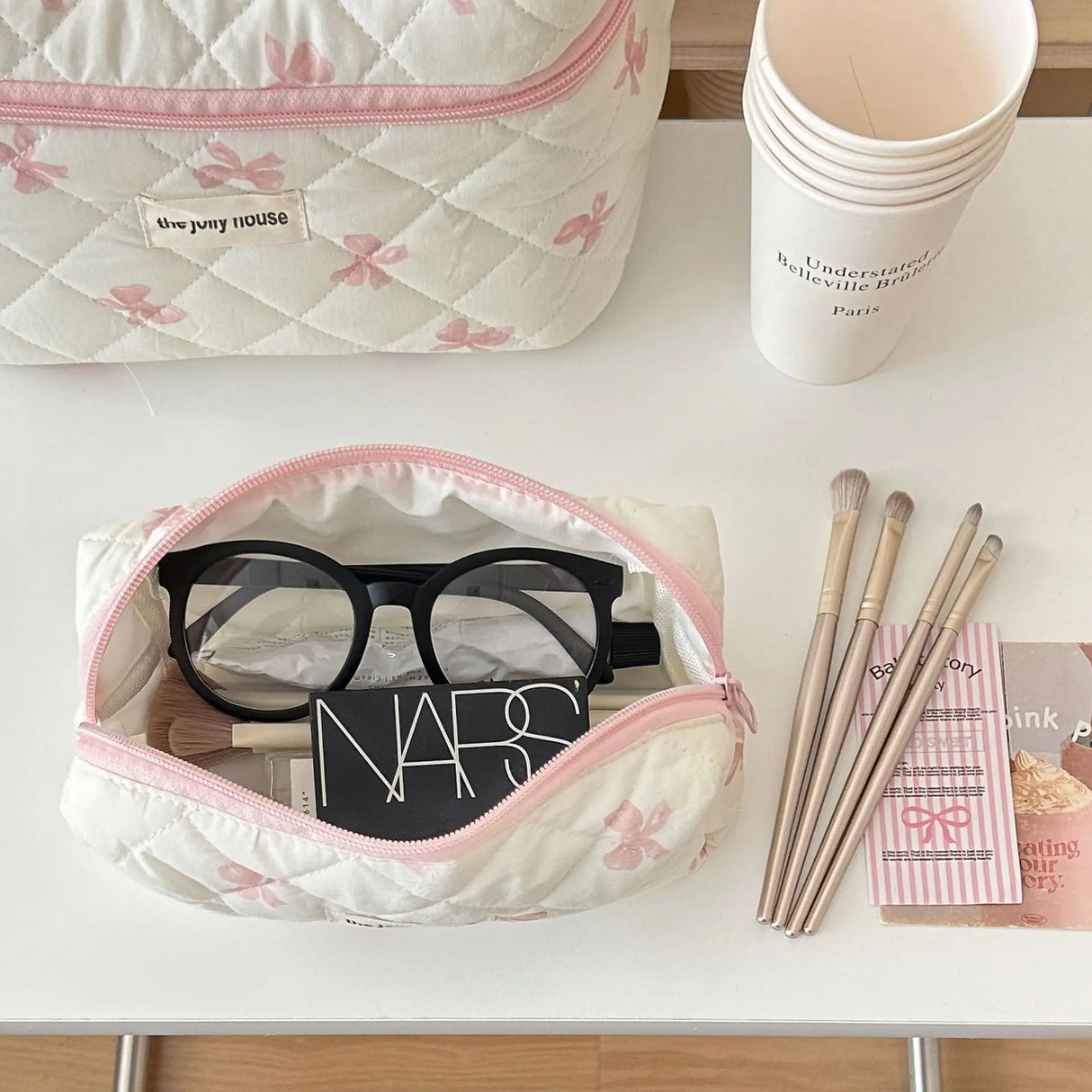Cute Bow Flower Quilting Cotton Makeup Bag Women Zipper Cosmetic Organizer Female Cloth Handbag Portable Toiletry Case for Girls - V.I.P Digital Presence