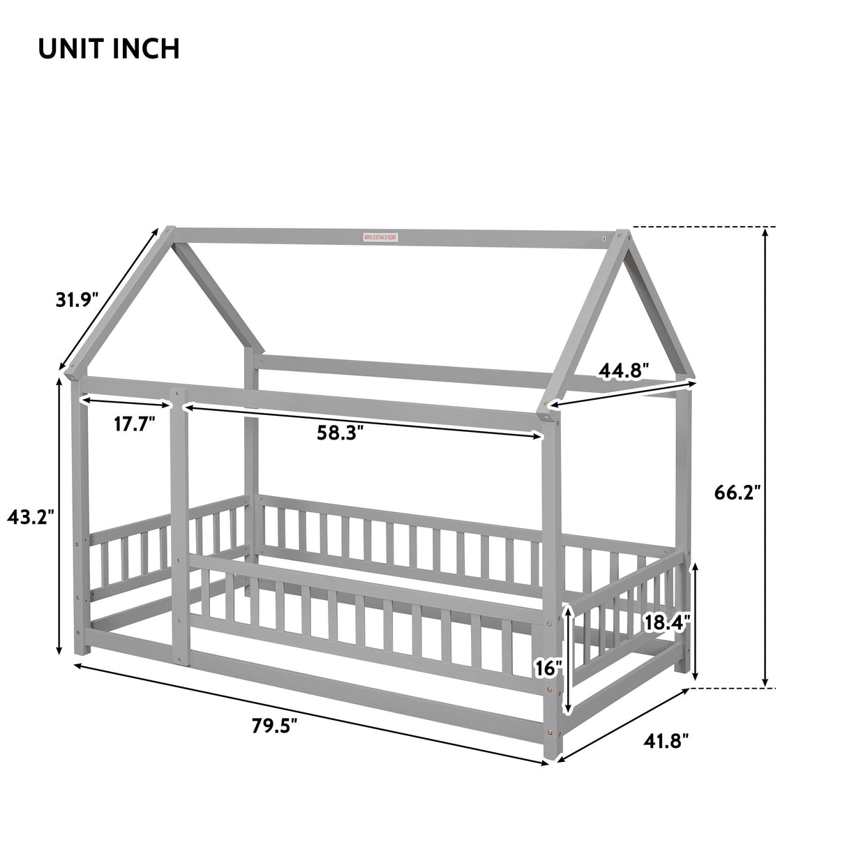 Twin Size Floor Wooden Bed with House Roof Frame, Fence Guardrails,Grey - V.I.P Digital Presence