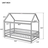 Twin Size Floor Wooden Bed with House Roof Frame, Fence Guardrails,Grey - V.I.P Digital Presence