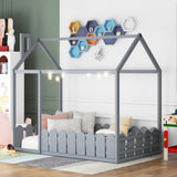 {Slats are not included}Twin Size Wood Bed House Bed Frame with Fence for Kids Teens Girls Boys {Gray}