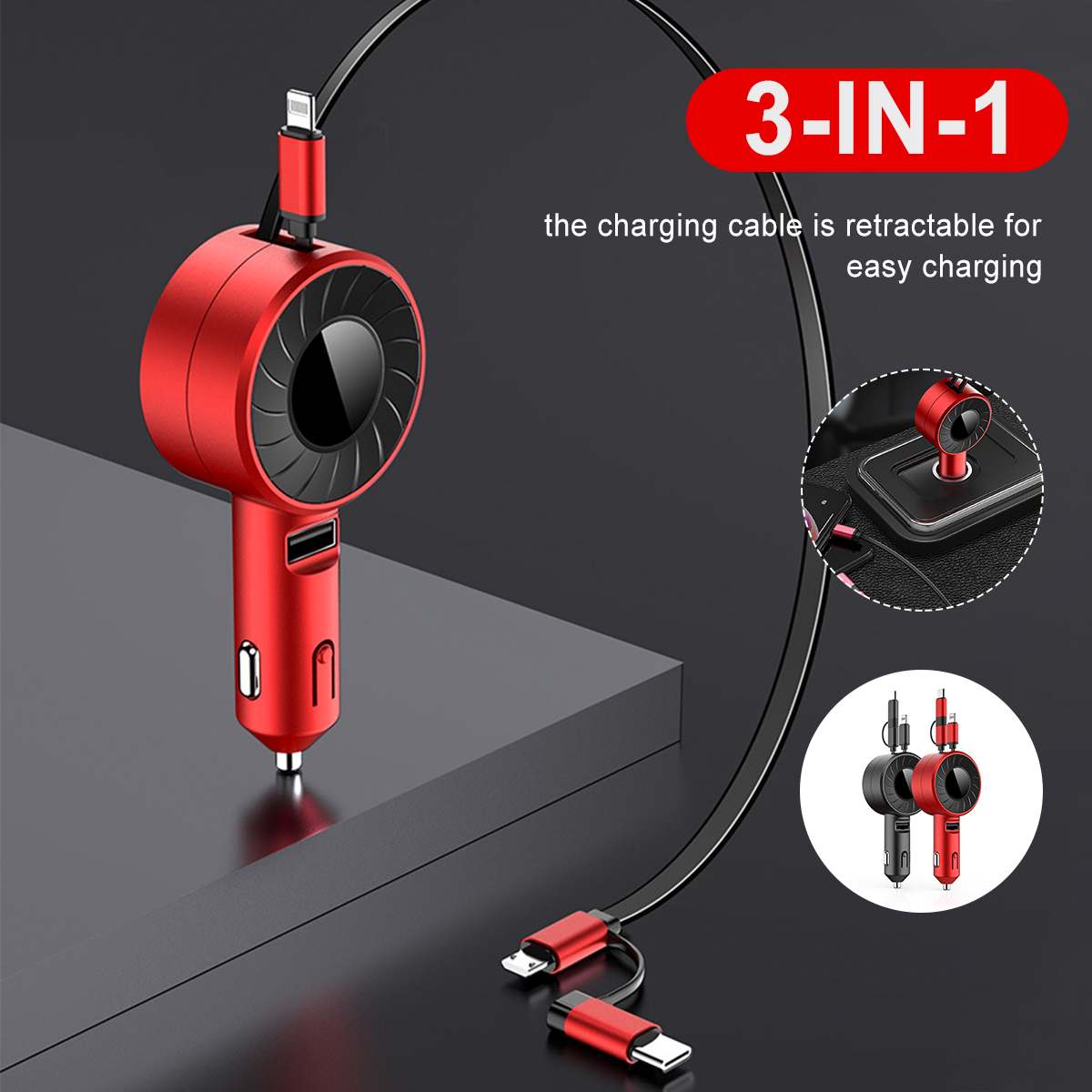3-IN-1 Car Charger Mobile Phone  Adapter For IOS/Android/Type-C USB Retractable Charging Cable 4.2A Fast Charing For Truck - V.I.P Digital Presence