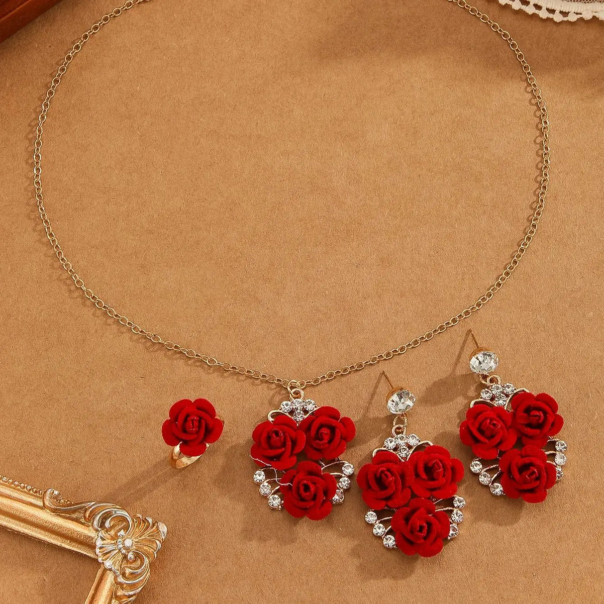 4pcs/Set Romantic Lovely Red Rose Flower Inlaid Rhinestone Pendant Necklaces+Dangle Earrings+Ring，For Women Valentine'S Day Gift - V.I.P Digital Presence