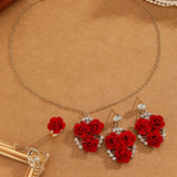 4pcs/Set Romantic Lovely Red Rose Flower Inlaid Rhinestone Pendant Necklaces+Dangle Earrings+Ring，For Women Valentine'S Day Gift - V.I.P Digital Presence