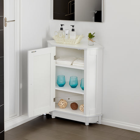White Bathroom Cabinet Triangle Corner Storage Cabinet with Adjustable Shelf Modern Style MDF Board - V.I.P Digital Presence
