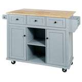 Kitchen handcart with rubber wood leaf countertop, storage cabinet, shelf, and 3 dining room drawers, gray blue - V.I.P Digital Presence