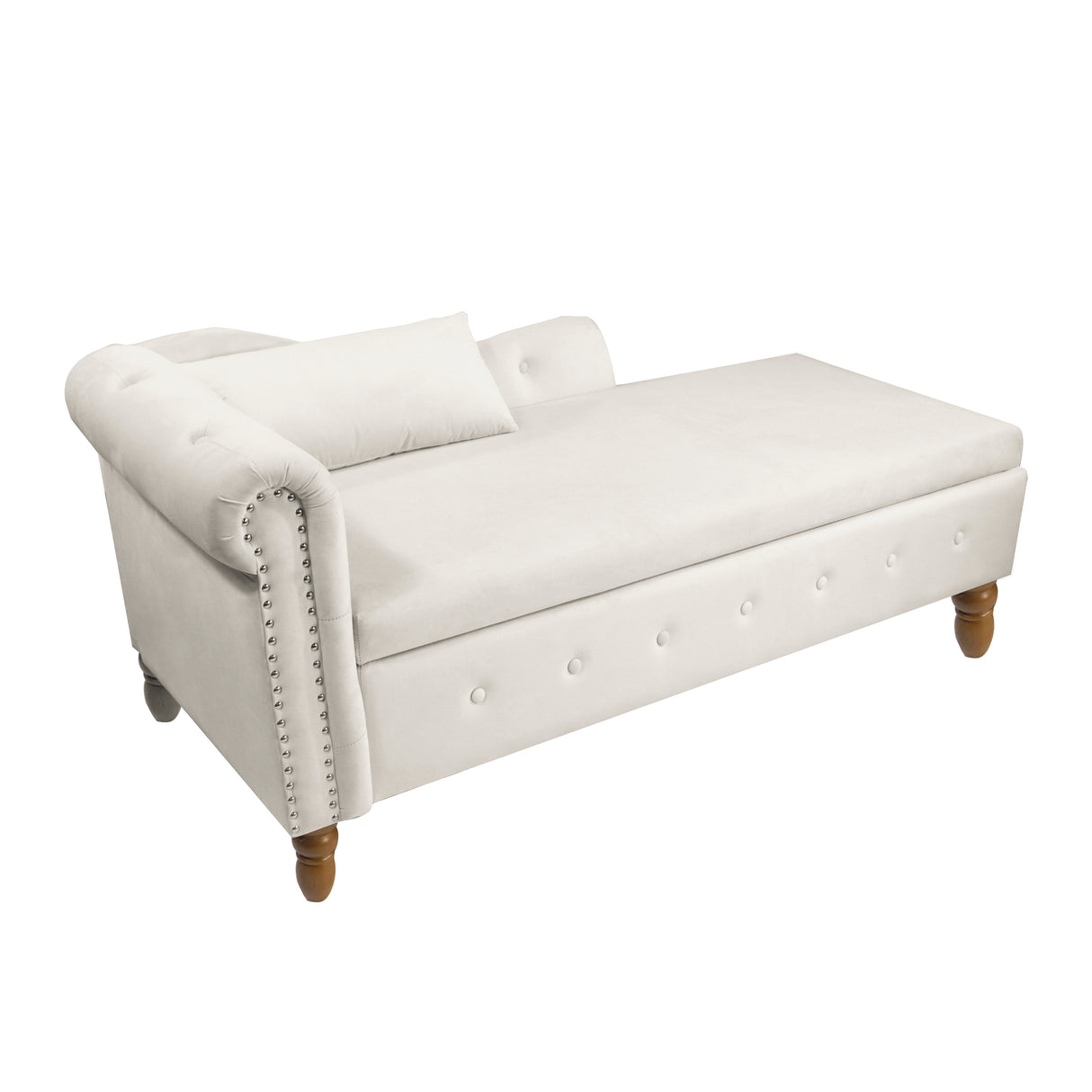 Beige Chaise Lounge Indoor Velvet Lounge Chair for Bedroom with Storage & Pillow Modern Upholstered Rolled Arm Chase Lounge - V.I.P Digital Presence