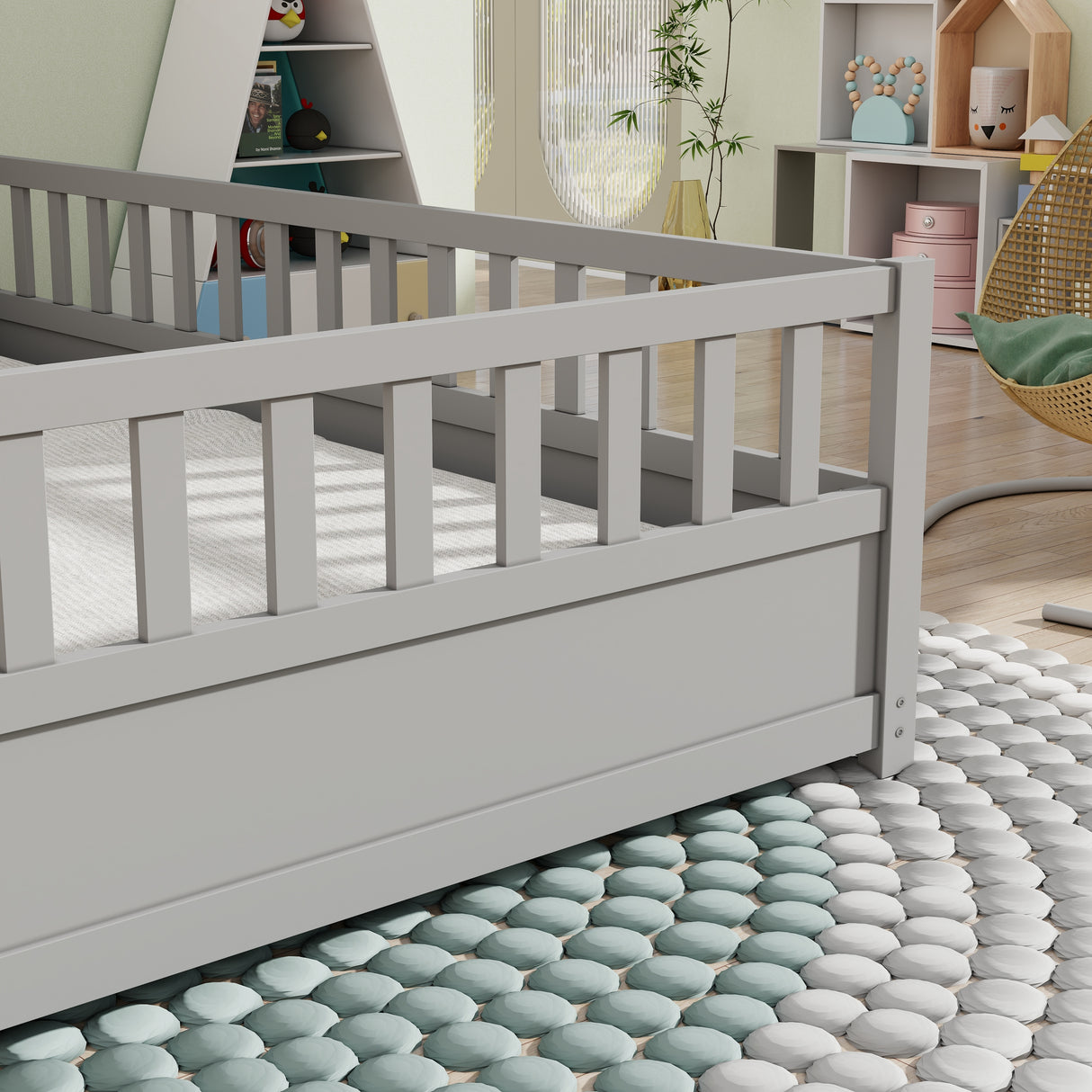Full size floor bed, children's floor bed frame, Montessori wood floor bed, support Flat noodles gray - V.I.P Digital Presence