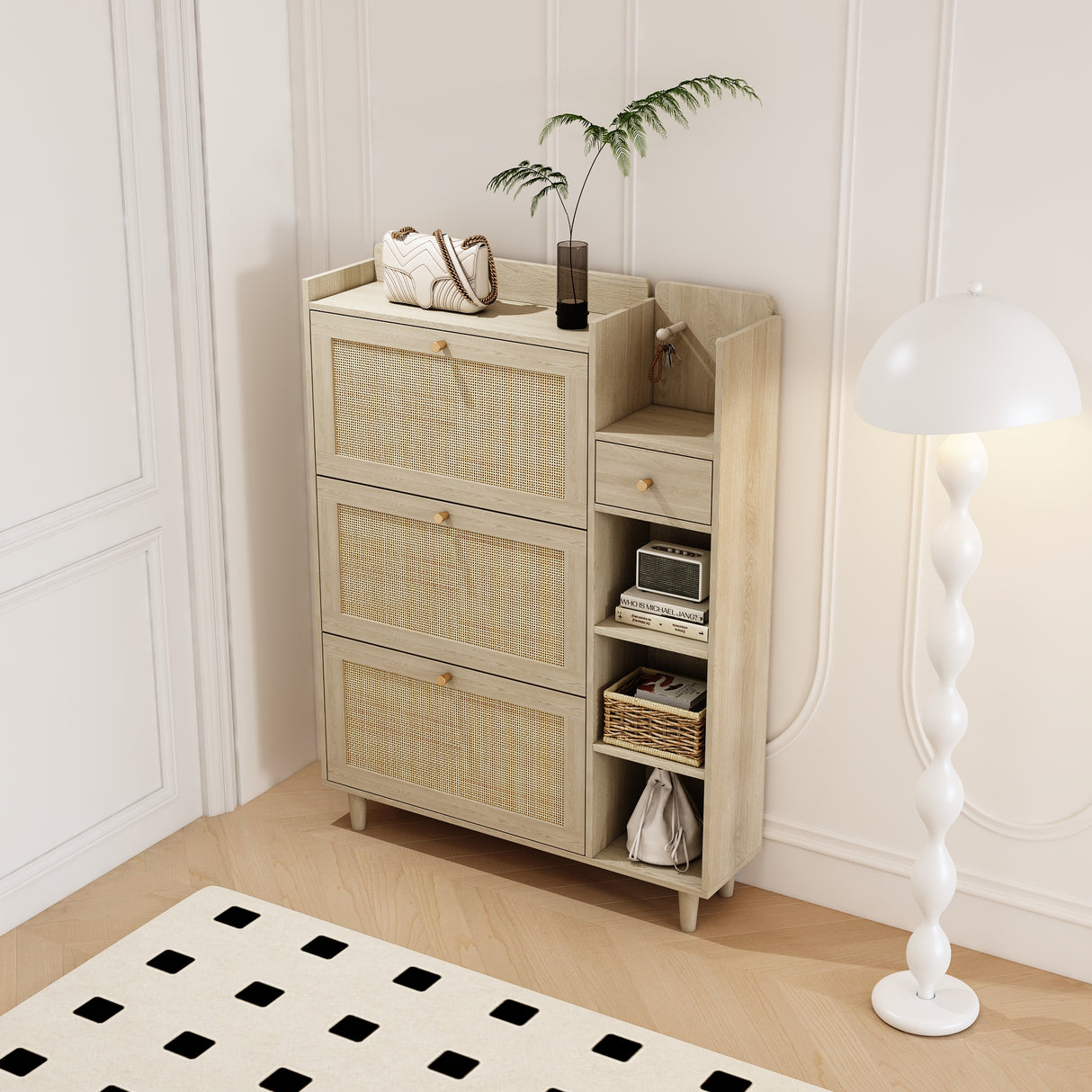 Natural Bohemian style shoe cabinet with 3 rattan flip drawers, 3 square shelves, and 1 storage drawer,  Natural - V.I.P Digital Presence