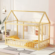 Twin Size Floor Wooden Bed with House Roof Frame and Safety Guardrails,Natural - V.I.P Digital Presence