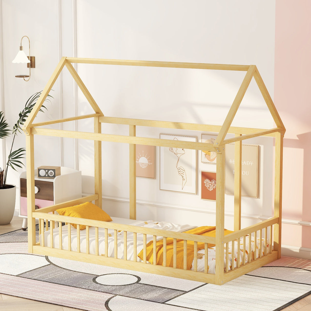 Twin Size Floor Wooden Bed with House Roof Frame and Safety Guardrails,Natural - V.I.P Digital Presence