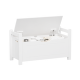 A white rubber wood children's toy box with soft cushioned seats, stools, flip covers, and safety hinges for toy storage