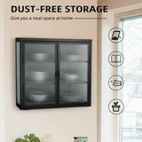 Retro Style Haze Double Glass Door Wall Cabinet With Detachable Shelves for Office Dining Room Living Room