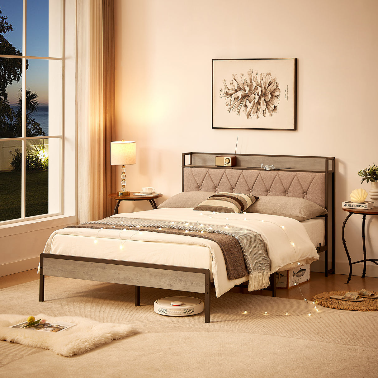Bed frame with charging station full size, Grey, 83.1'' L x 56.1'' W x 39.2'' H. - V.I.P Digital Presence