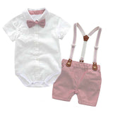 Male baby infant two-piece summer climbing suit with collar, gentleman's white shirt, overalls, tie dress, British style - V.I.P Digital Presence