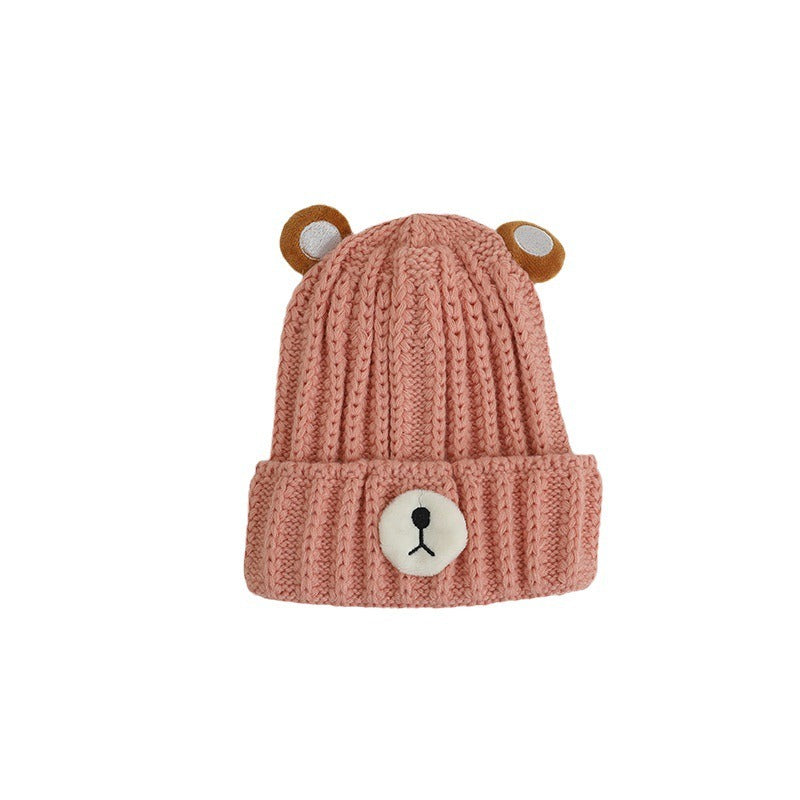 Gorro de punto cálido para niños de otoño e invierno, bonito gorro de lana de color caramelo con forma de oso, gorro cálido coreano para bebés, para hombres y mujeres, tendencia