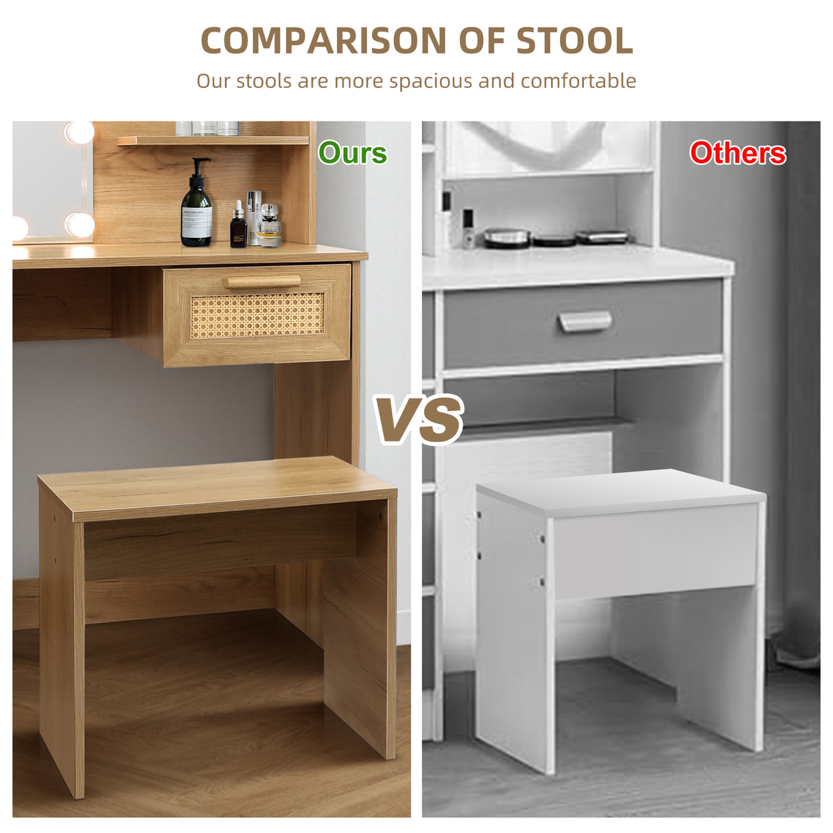 Vanity Desk Set Stool & Dressing Table with LED Lighting Mirror Drawer and Wood Cosmetic Table Chest of Drawers Nature Color - V.I.P Digital Presence
