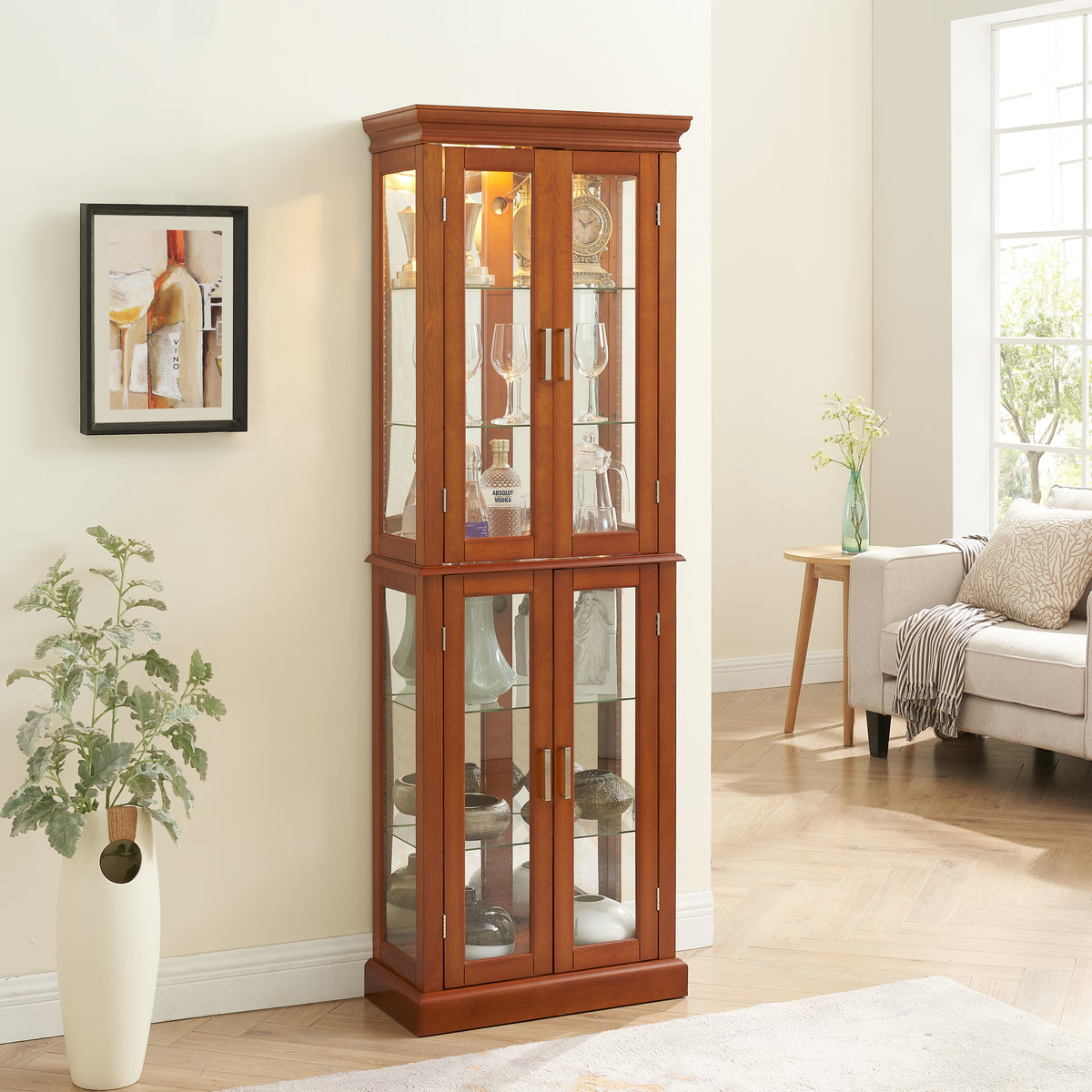Lighting Curio Diapali cabinet with adjustable shelves, mirror back panel, tempered glass door (without light bulb), walnut wood - V.I.P Digital Presence