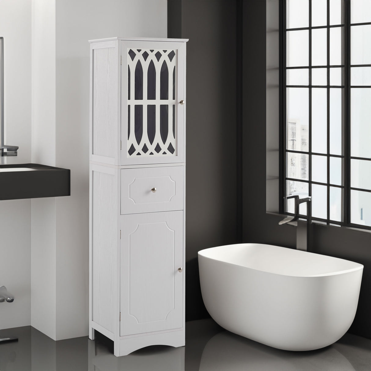 Tall Bathroom Cabinet, Freestanding Storage Cabinet with Drawer and Doors, MDF Board, Acrylic Door, Adjustable Shelf, White - V.I.P Digital Presence