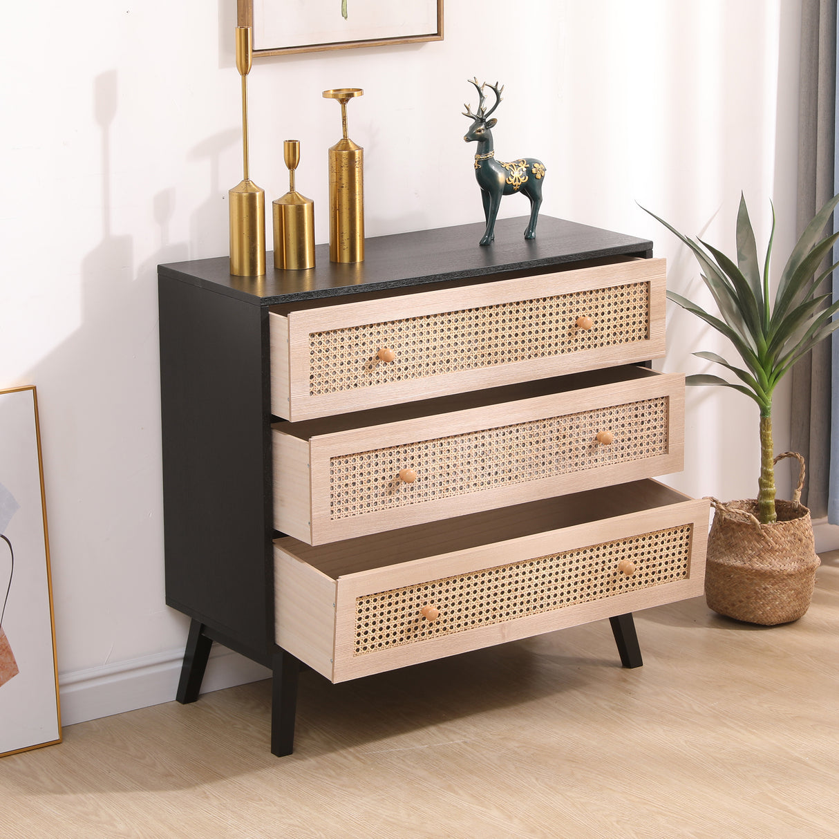 31.5 "3-Drawers Rattan Storage Cabinet Rattan Drawer,for Bedroom,Living Room,Natural drawer and black panel - V.I.P Digital Presence