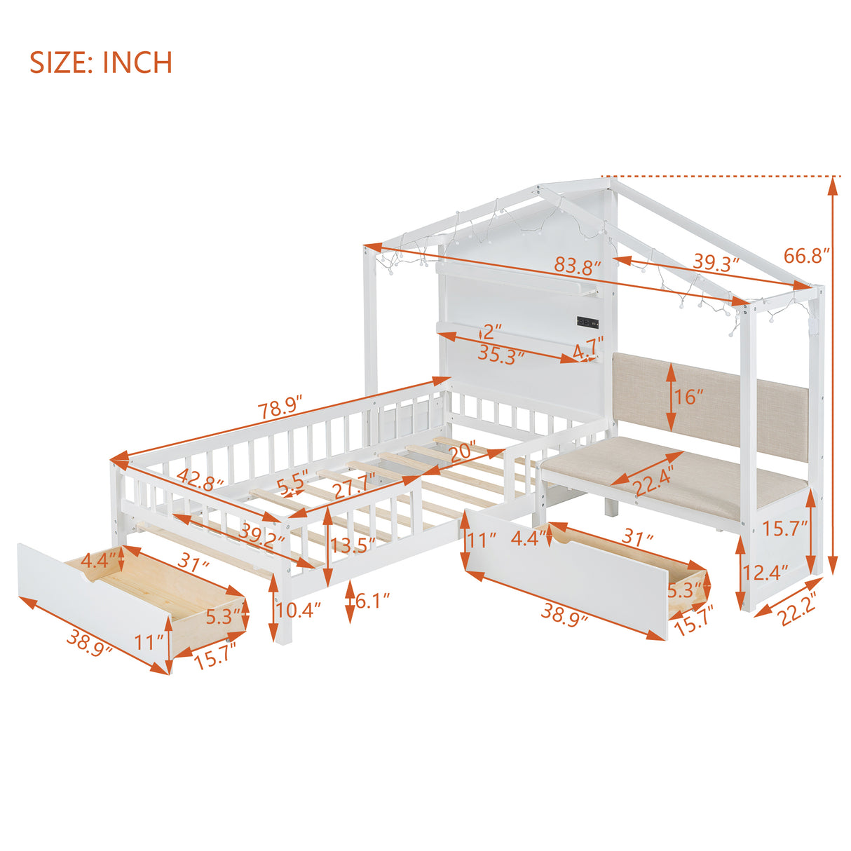 Twin Size House Bed with Upholstered Sofa, House Bed with Charging Station, Wireless Charging, Shelves and Two Drawers, White - V.I.P Digital Presence