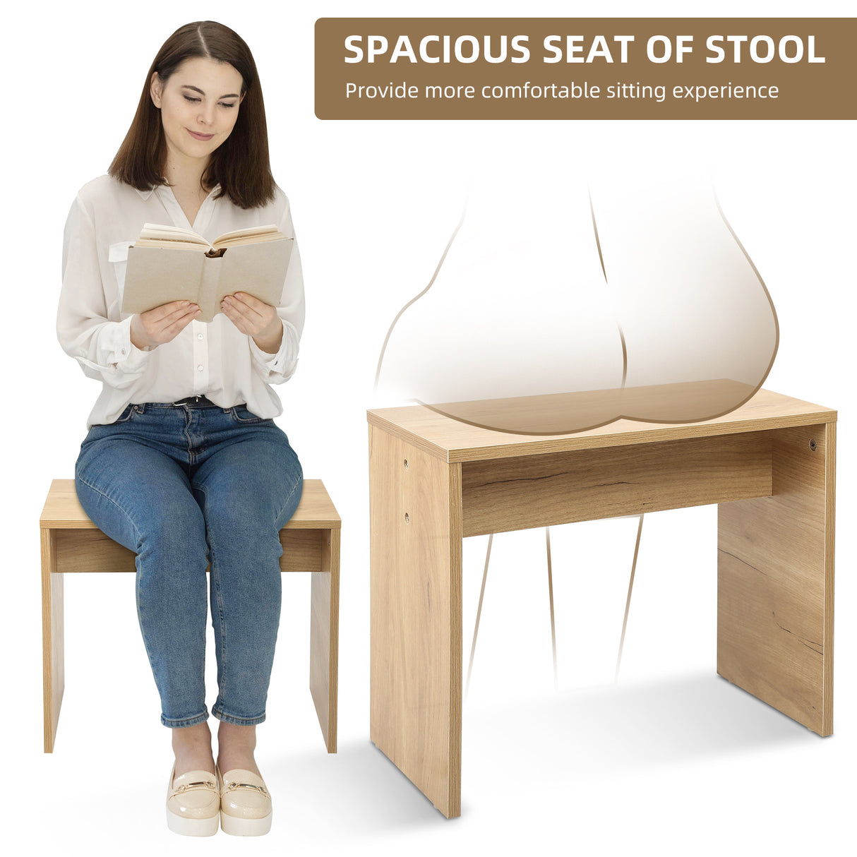 Vanity Desk Set Stool & Dressing Table with LED Lighting Mirror Drawer and Wood Cosmetic Table Chest of Drawers Nature Color - V.I.P Digital Presence
