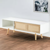 55.12" Rattan TV cabinet double sliding doors for storage adjustable shelf solid wood legs TV console for living room  White - V.I.P Digital Presence